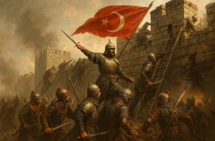 İstanbul'un fethinde Osmanlı askerlerinin Topkapı surlarına hücum ederek gediklerden içeri girdiği anı gösteren sahne; yeniçeriler merdivenlerle surlara tırmanırken Türk sancağı surlara dikiliyor.